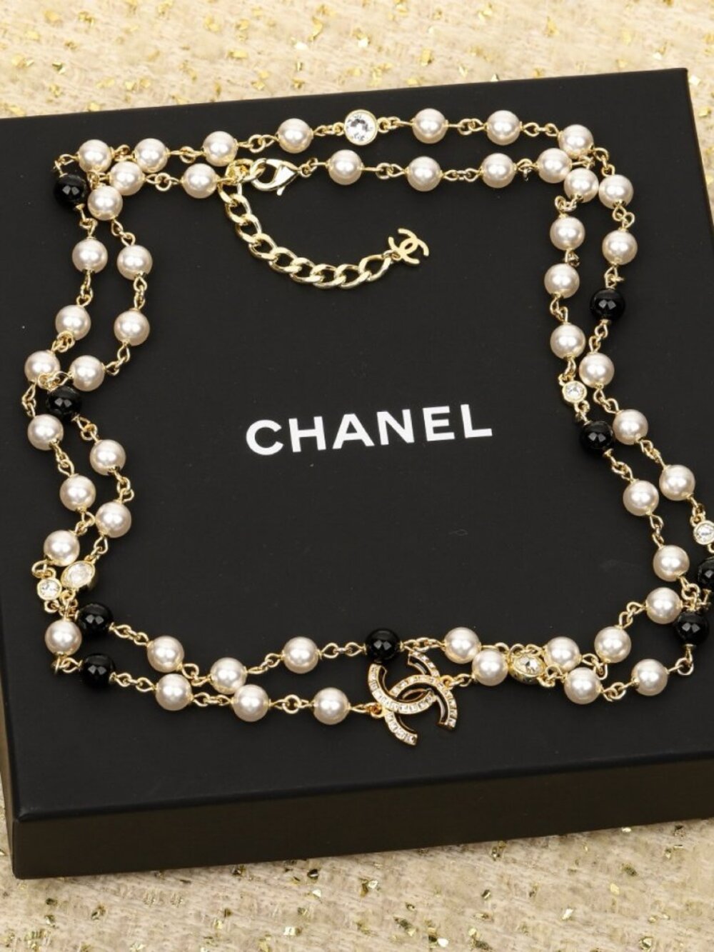 Chanel Gold-Tone Pearl Black Bead Crystal CC Long Necklace